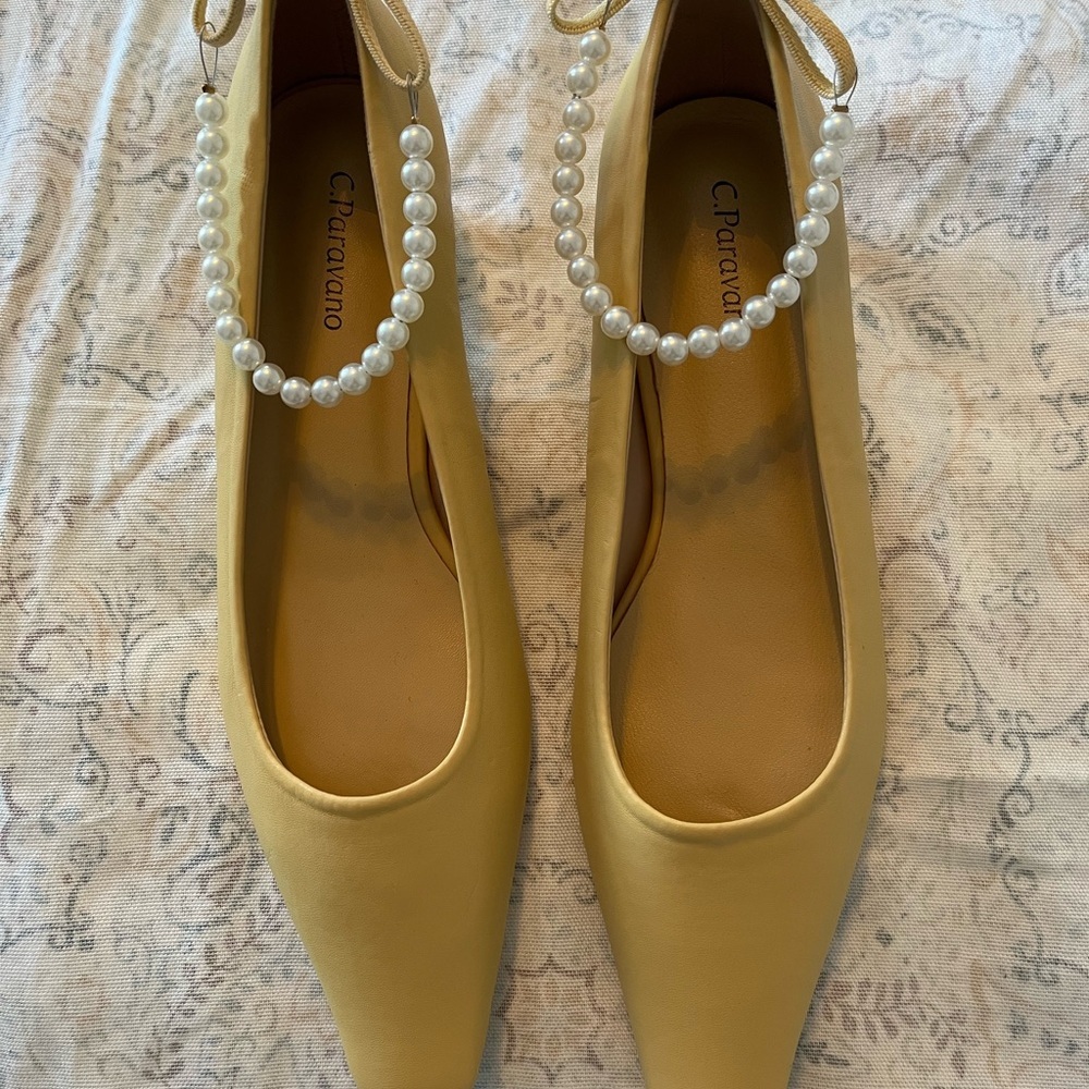 Elegant Yellow‎ Heels with Pearl Embellishment